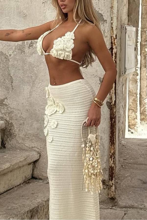 3D Floral Embellished Knitted Halter Neck Set
