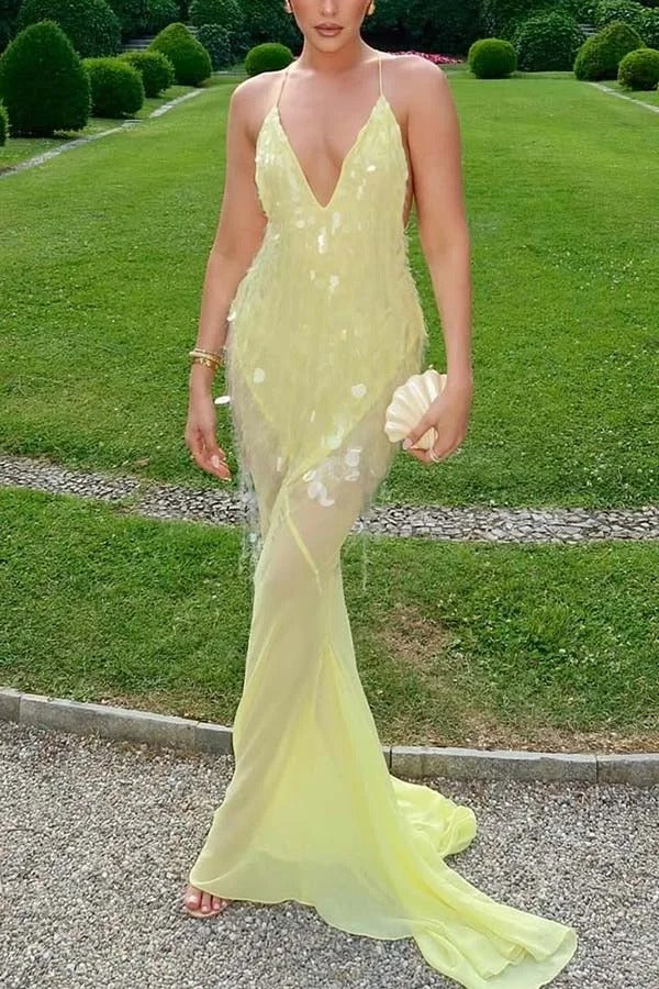 Perfect Night Sequin Embroidery Backless Drape Tulle Hem Slip Maxi Dress