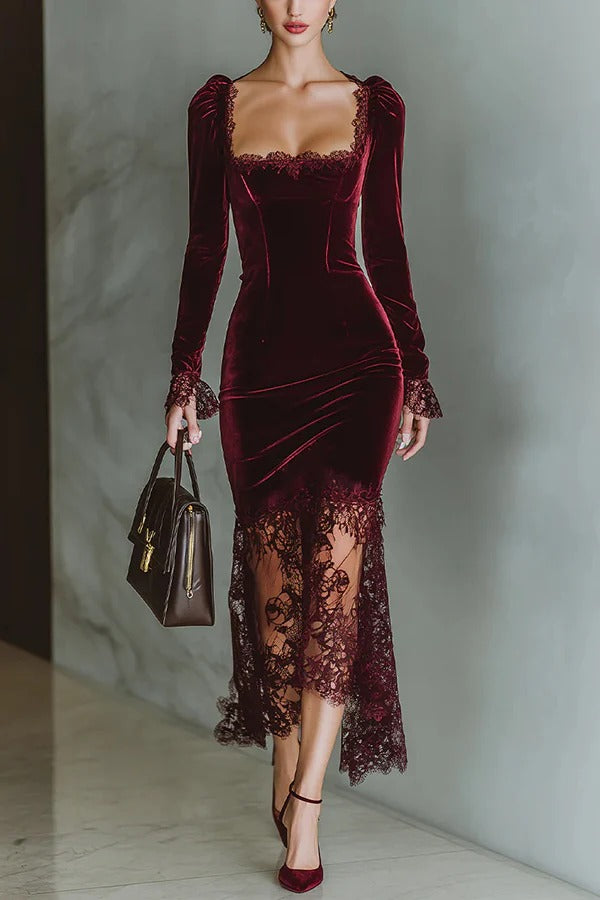 Fashionable Velvet and Lace Patchwork Square Neck Long-sleeved Maxi Dress