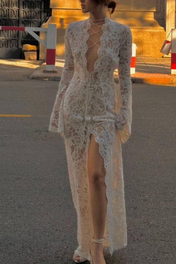 French Style High-Neck Lace Sheer Tie-Front Slit Maxi Dress