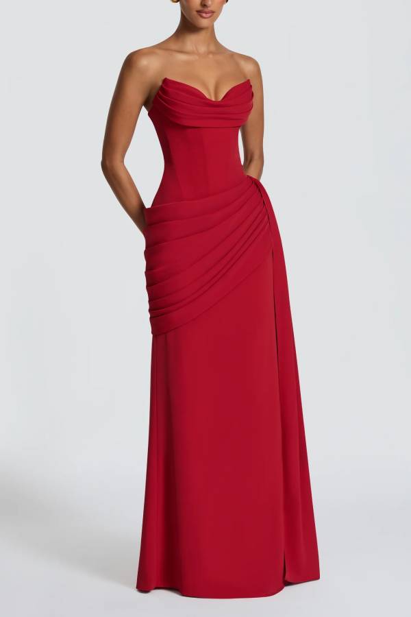 Matisse Strapless Pleated Cowl Overlay Back Lace-up Drape Panel Maxi Dress