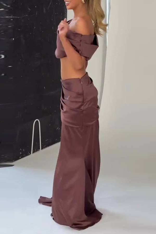 Off-the-shoulder satin crop top and fishtail skirt set