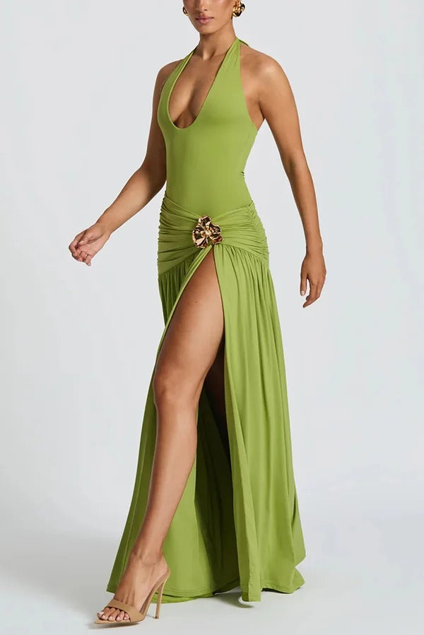 Solid Color Halter Neck Backless Slim Fit Pleated Slit Maxi Dress