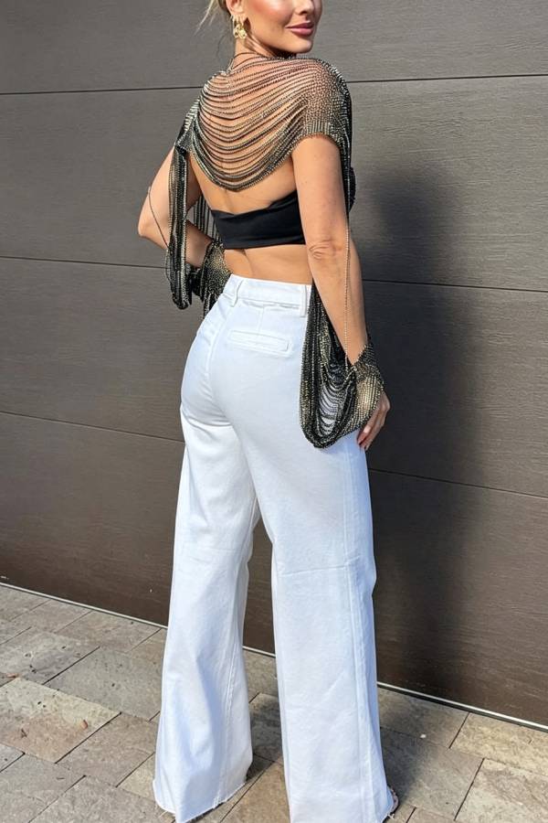 Sparkling Rhinestone Embellished Drape Tassel Batwing Sleeve Loose Crop Cover-up