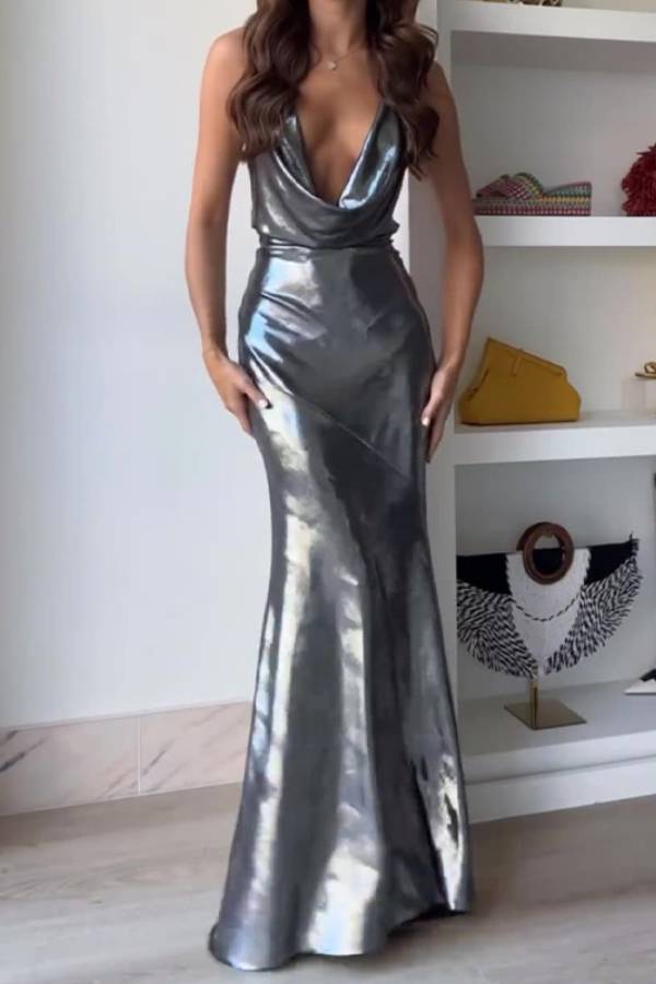 Deep V Cowl Neck Metallic Spaghetti Strap Fishtail Train Evening Dress