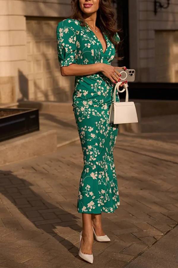 V-Neck Puff Sleeve Floral Midi Mermaid Dress