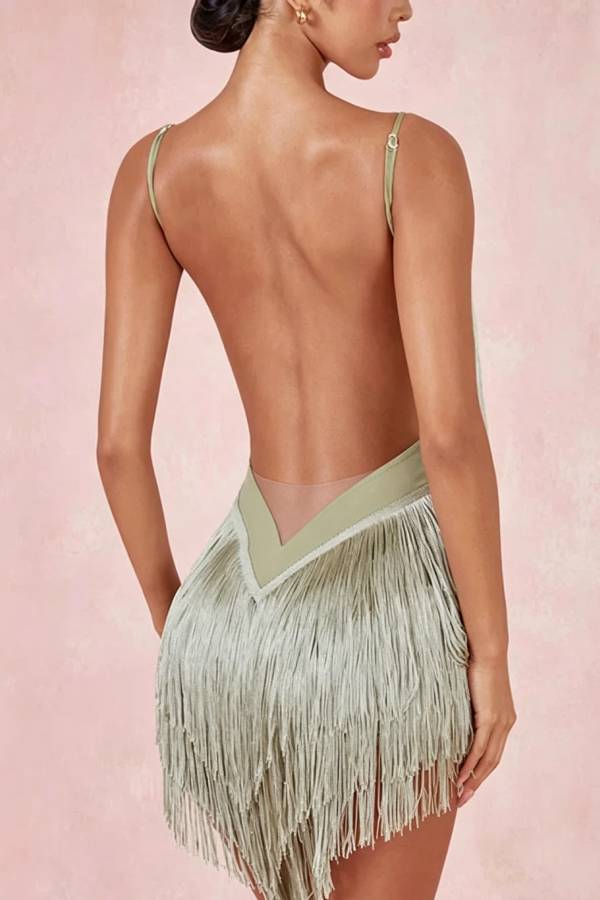 Dancing Sprite V-neck Tiered Tassels Backless Slip Latin Mini Dress