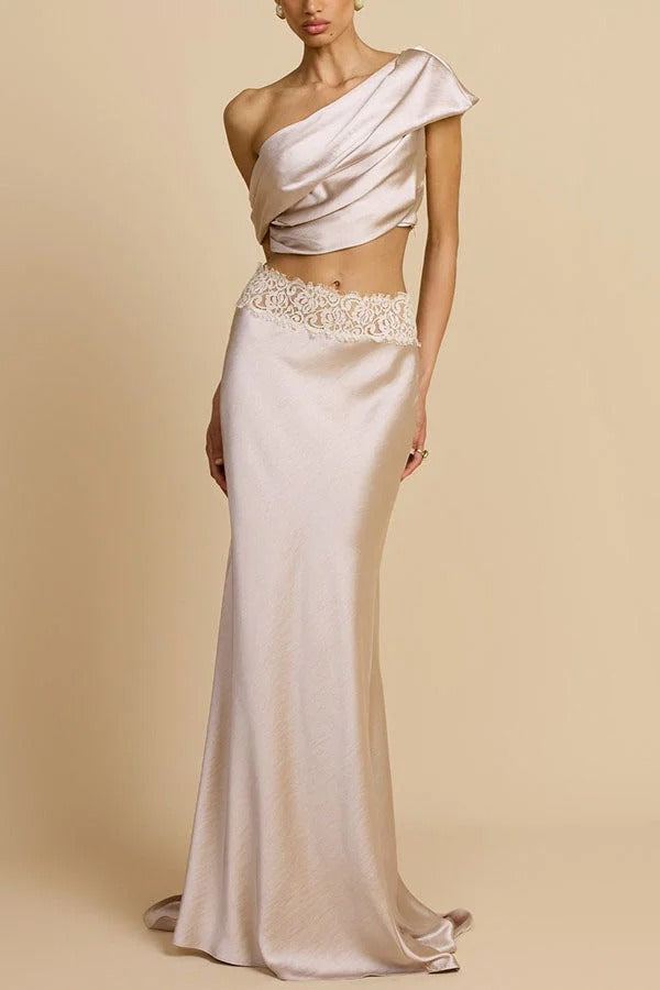 Anaya Satin Asymmetrical Off Shoulder Cropped Top and Lace Trim High Rise Maxi Skirt Set