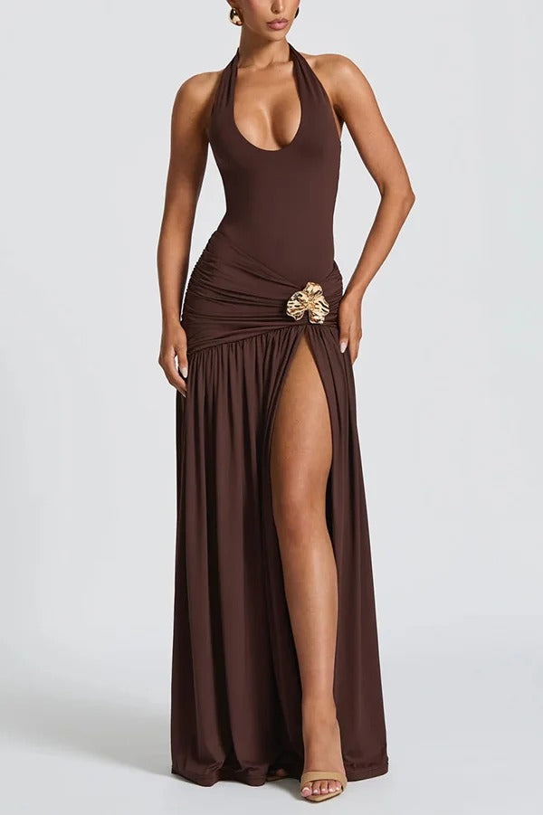 Solid Color Halter Neck Backless Slim Fit Pleated Slit Maxi Dress