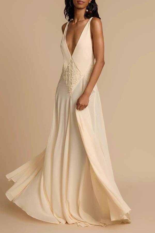 Deep V Cross Back Lace Spliced Chiffon Maxi Dress, Bohemian Wedding Dress