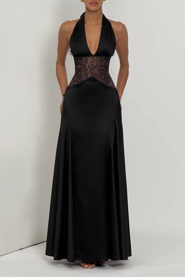 Virella Satin Lace Waist Pleated Halter Neck Straps Back Lace-up Maxi Dress