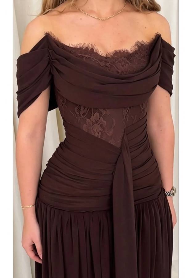 Maguire Chiffon Ruched Floral Lace Patchwork Off Shoulder Drape Gown Maxi Dress