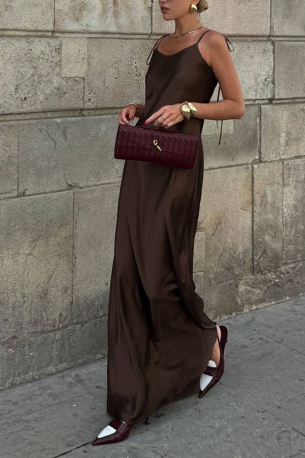 Dark Brown Satin Tie Strap Backless Maxi Dress
