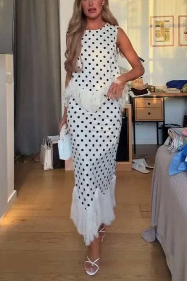 Polka Dot Fringe Sleeveless Top & Midi Skirt Two‑Piece Set