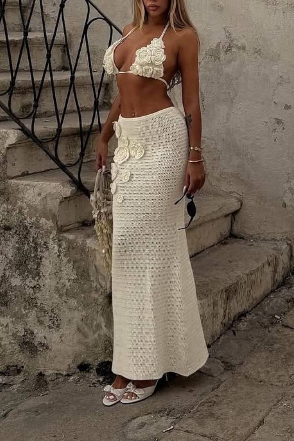 3D Floral Embellished Knitted Halter Neck Set