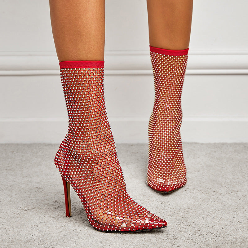 Mesh and Rhinestone Pointed-Toe High-Heeled Sock Boots