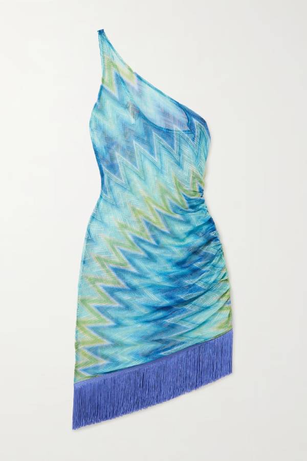 Eline Knit Colorful Zigzag PatternOne Shoulder Ruched Tassle Trim Mini Dress