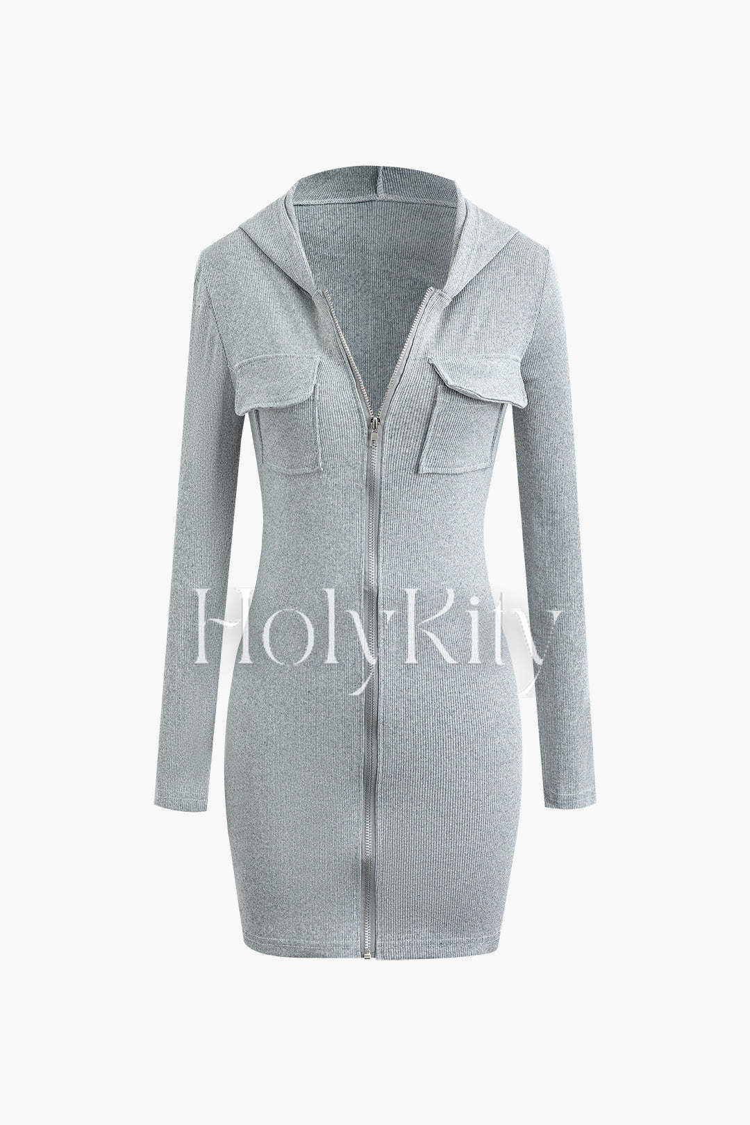 Zip Up Flap Pocket Hooded Knit Mini Dress