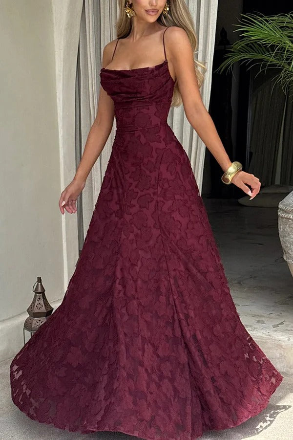 Francis Custom Floral Burnout Fabric Cowl Neck Back Lace-up Maxi Dress