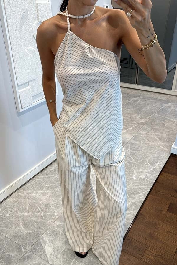 Moriah Striped Thin Strap Halter Neck Scarf Top and Pocketed Wide Leg Pants Set