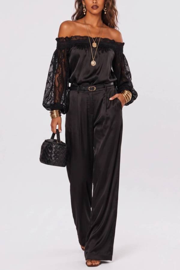 Elegant Satin Shoulder Lace Stitching Sleeve Top Wide Leg Pants Set