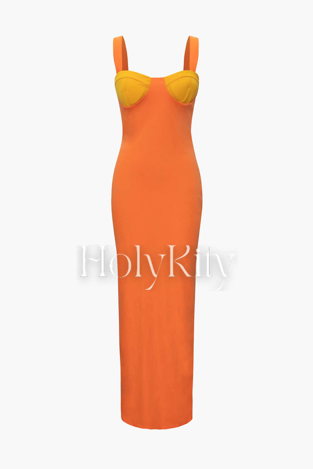 Maxikleid mit kontrastierender Brustpartie, eckigem Ausschnitt und Schlitz