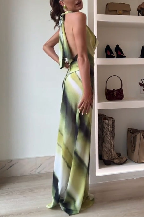 Misha Printed Cowl Neck Halter Tie-up Vacation Maxi Dress