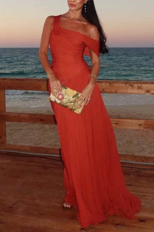 One Shoulder Ruched Chiffon Maxi Dress Elegant Evening Party Gown