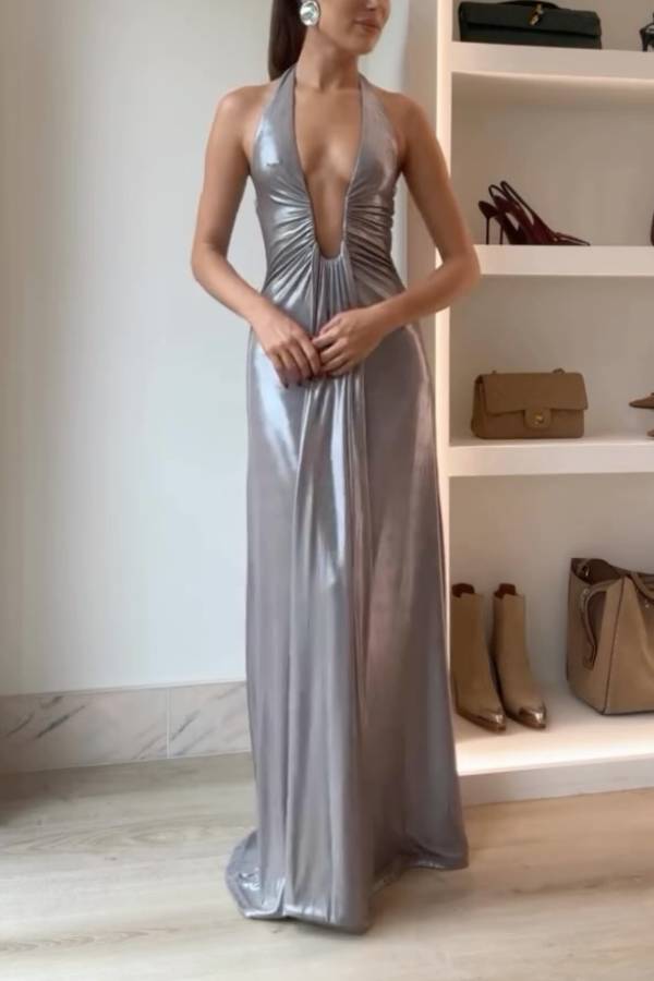 Halter Deep‑V Ruched Draped Evening Maxi Dress