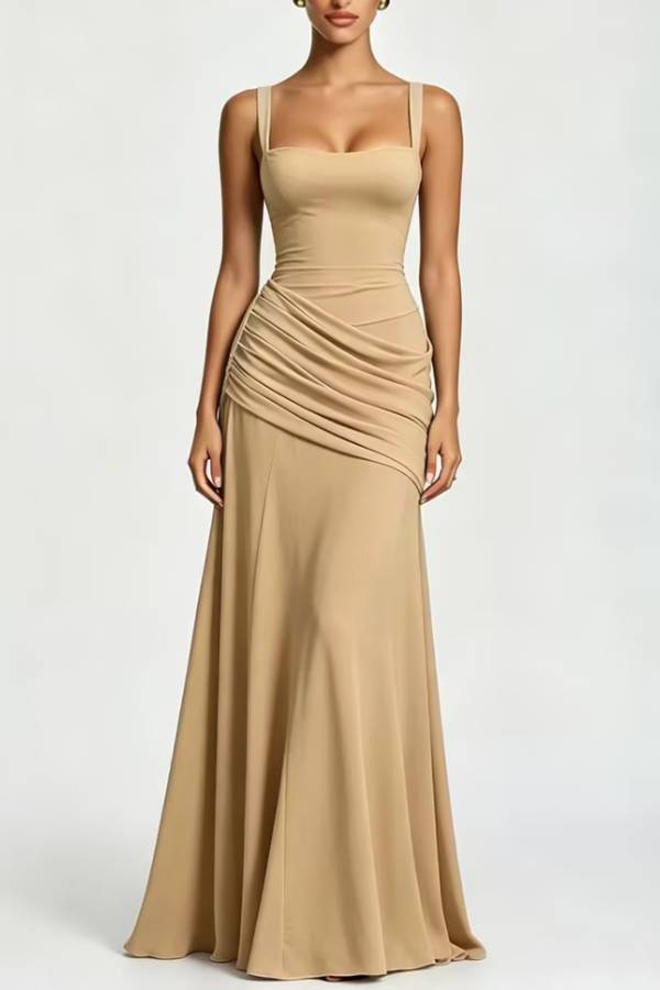 Square Neck Cross Ruched Waist Chiffon Evening Gown