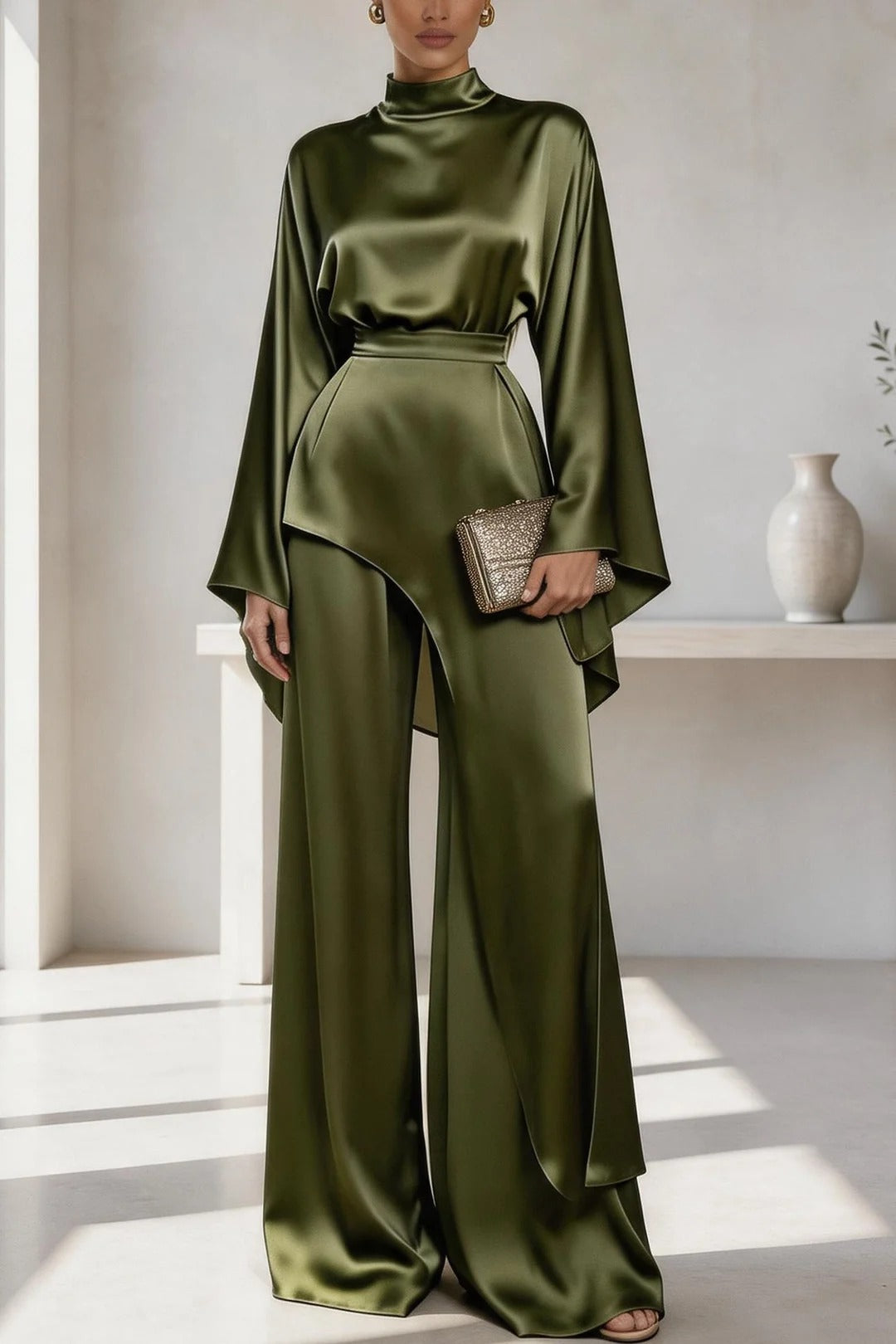 Satin High Neck Flare Sleeve Top and High Rise Asymmetric Design Wide Leg Pants Set