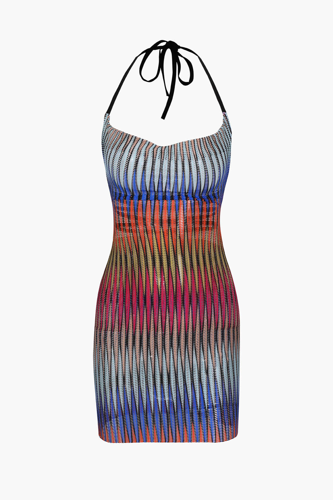 Mehrfarbiges transparentes Neckholder-Minikleid mit Drapierung