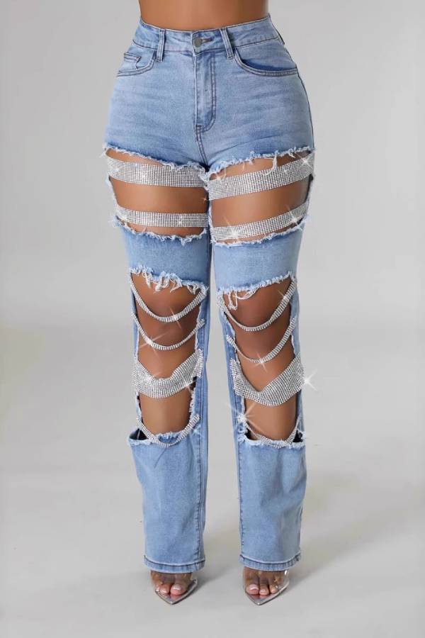 Rhinestone/Pearl Fringe High-Waisted Straight-Leg Jeans