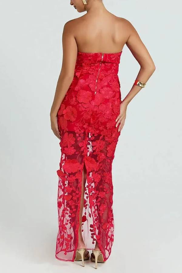 Sienna Floral Embroidered Fabric Off Shoulder Mermaid Silhouette Slit Maxi Dress