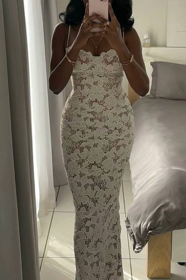 3D Floral Lace Spaghetti Strap Waist-Cinched Tie Maxi Dress