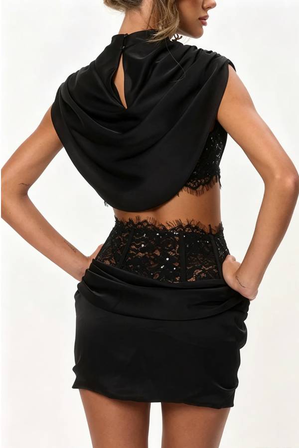 Tanya Satin High Neck Ruched Crop Top and Lace Cinched Waist Sequin Detail Mini Skirt Set