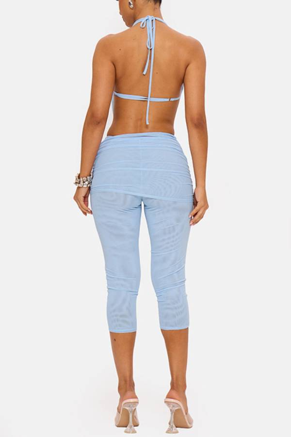 Halter Cowl Deep Cutout Twisted Mesh Capri Pants Hot Girl Co-ord Set