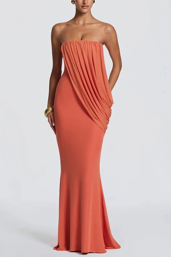 Vienna Modal Jersey Ruched Asymmetric Draped Mesh Strapless Maxi Dress