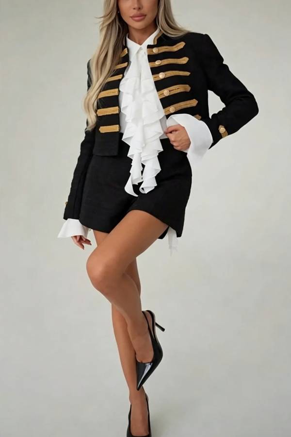 Theatrical Gold-woven Trim Metal Buttons Long Sleeve Crop Jacket