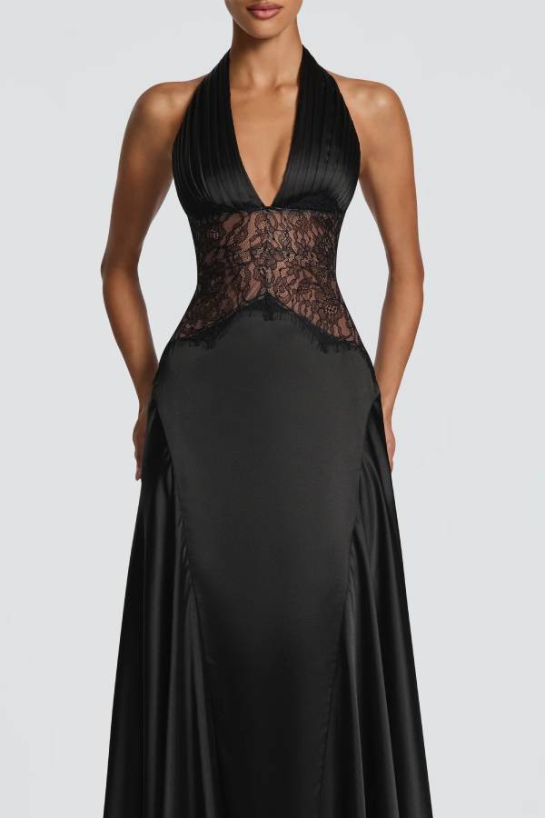 Virella Satin Lace Waist Pleated Halter Neck Straps Back Lace-up Maxi Dress
