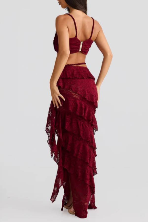 Twist Bandeau Top & Asymmetric Ruffle Lace Maxi Skirt Two-Piece Set