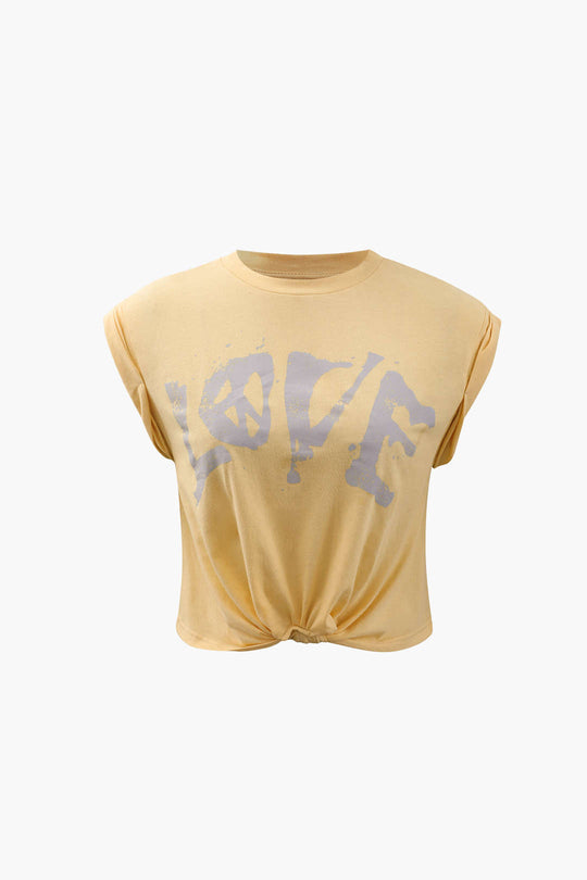 T-shirt à manches retroussées et ourlet noué Love