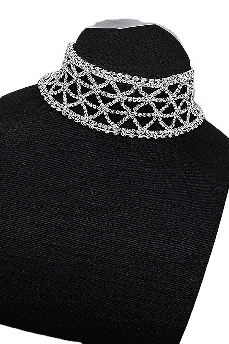 Sparkling Rhinestone Geometric Hollow Out High Neck Choker-Silver