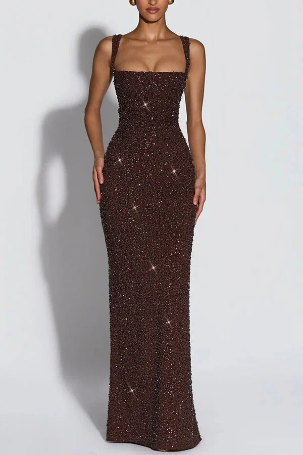 Calanthe Sequin Embellished Chiffon Ruched Square Neck Back Lace-up Maxi Dress