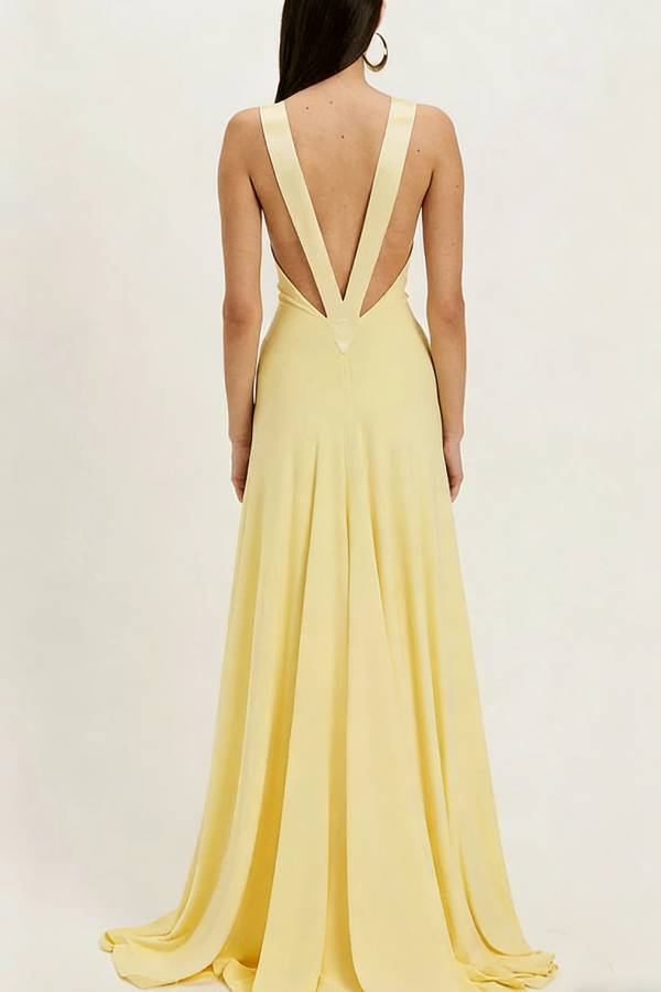 Moon Light Satin V-neck Draping Knit Fabric Backless Maxi Dress