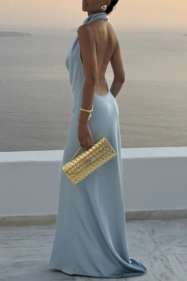 Unforgettable Satin High Drape Neck Open Back Flare Maxi Dress