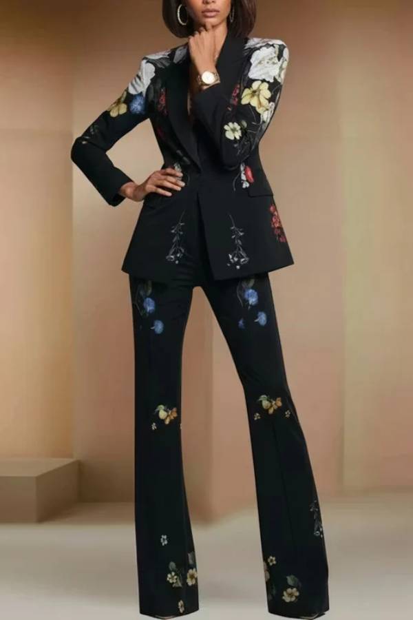 Black Floral Print Shawl Lapel Blazer & High‑Waist Flare‑Leg Pant Suit Set