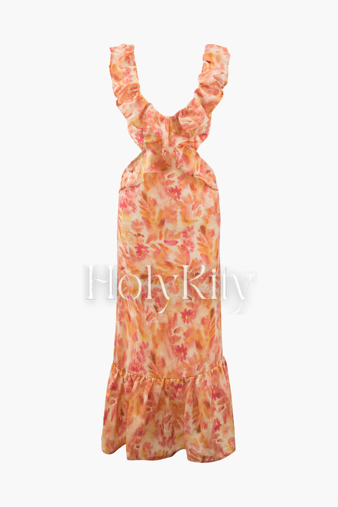 Maxikleid mit Blumenmuster, V-Ausschnitt, Rüschen und Bindeband hinten