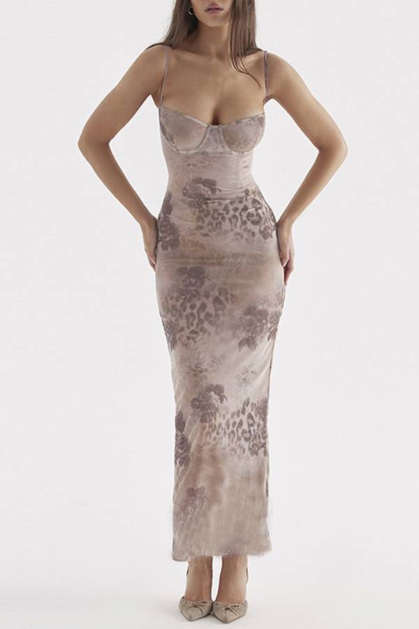 Cup Boning Mesh Print Bodycon Midi Dress