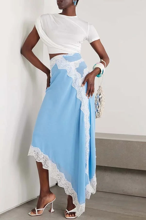 Verve Ribbed Jersey Cutout Waist Asymmetric Satin Lace Hem Maxi Dress